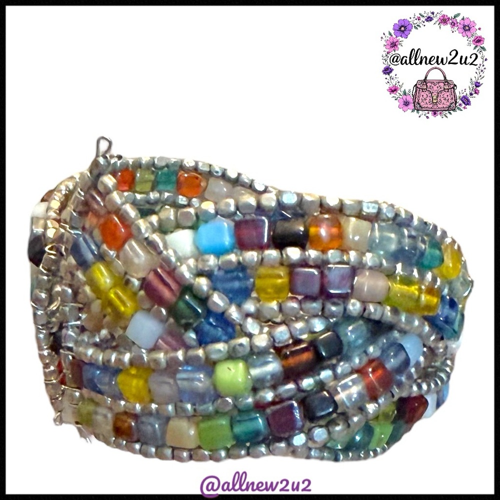 Handmade Boho Multicolor Beaded Cuff Bracelet - Picture 4 of 11